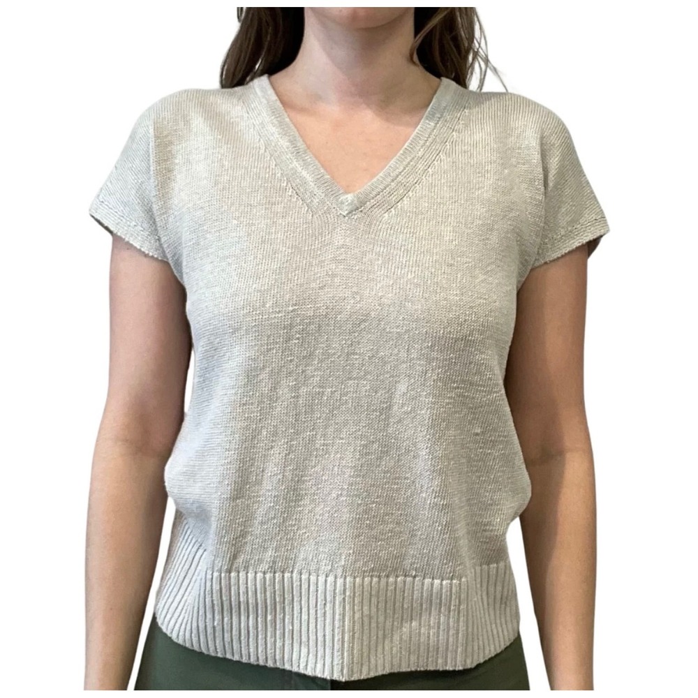 Kinross‎ V Neck Cap Sleeve Knit Sweater Top Beige 100% Linen Women L